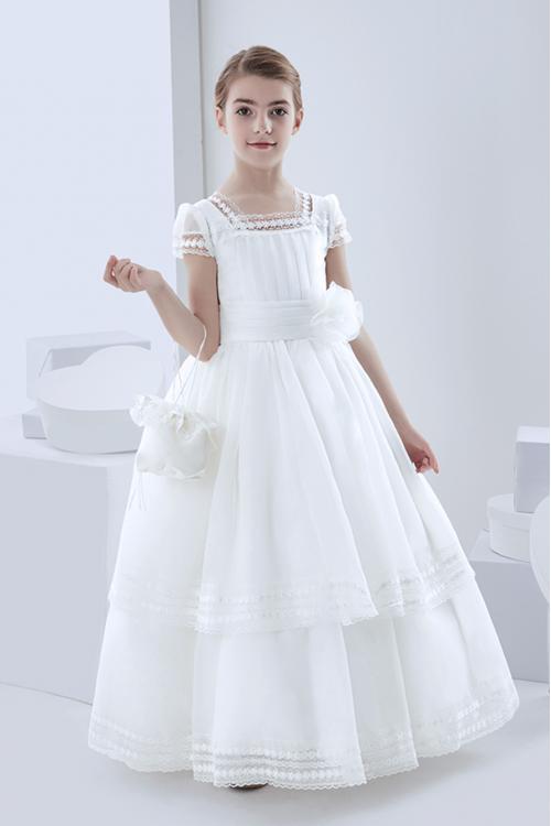 Ball Gown Short Sleeve Hand Made Flowers Floor-length Organza Communion Dress