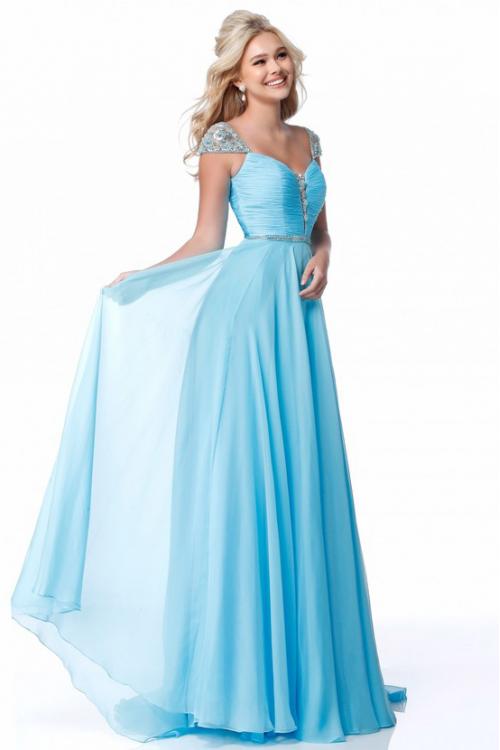 Crystal Beaded Cap Sleeves A-line Long Chiffon Prom Dress