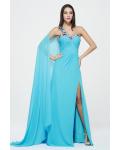 Sleeveless One Shoulder Split Long Blue Chiffon Simple Junior Prom Dress 