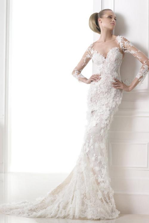  Bateau Neck Mermaid Lace Trimmed Tulle Wedding Dress with Long Lace Sleeves 