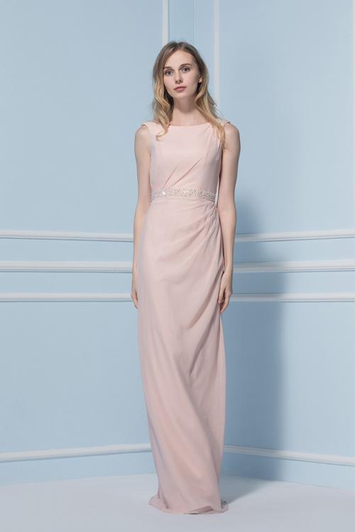 Scoop Neck Sleeveless Sheath Pearl Pink Chiffon Bridesmaid Dress with Crystal Band 