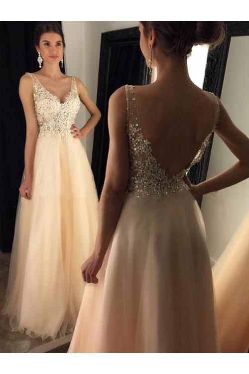 SleevelessV Neck Lace Bodice Long Champagne Tulle Prom Dress 