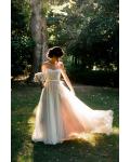 Illusion Back Lace Top Long Tulle Rustic Wedding Dress with Ribbon 