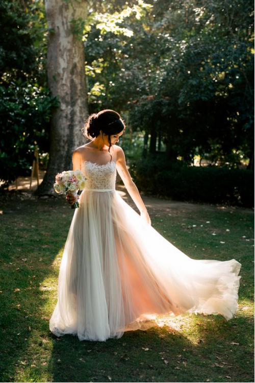 Illusion Back Lace Top Long Tulle Rustic Wedding Dress with Ribbon 