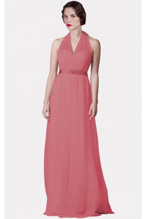 A-line Floor-length Sleeveless Tulle Halter Bridesmaid Dresses