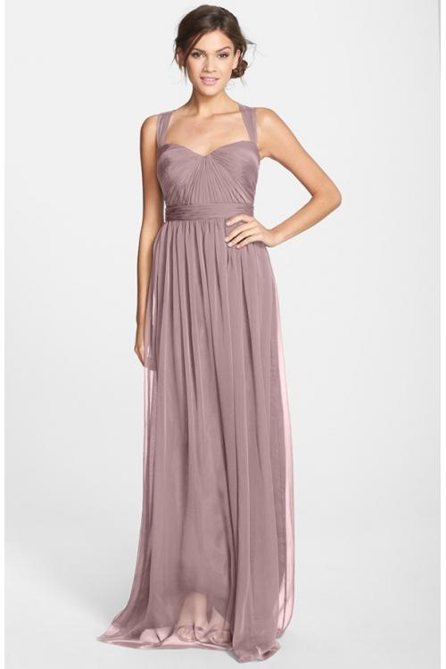 Vintage Shoulder Straps Pleated Long Chiffon Bridesmaid Dress 