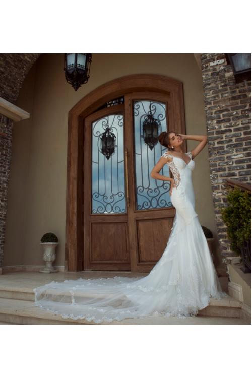 Sexy Lace Strap Slim Satin Bodice Lace Appliqued Tulle Sheath Wedding Dress 