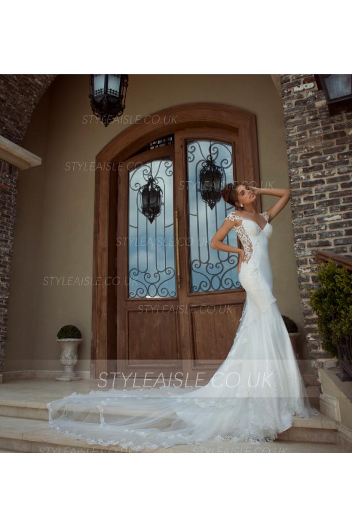 Sexy Lace Strap Slim Satin Bodice Lace Appliqued Tulle Sheath Wedding Dress 