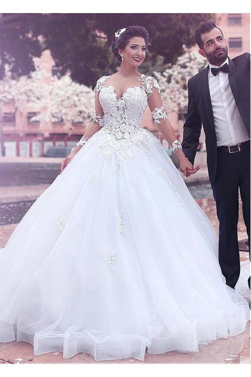 Lace Sleeves Long Ball Gown Tulle Wedding Dress 