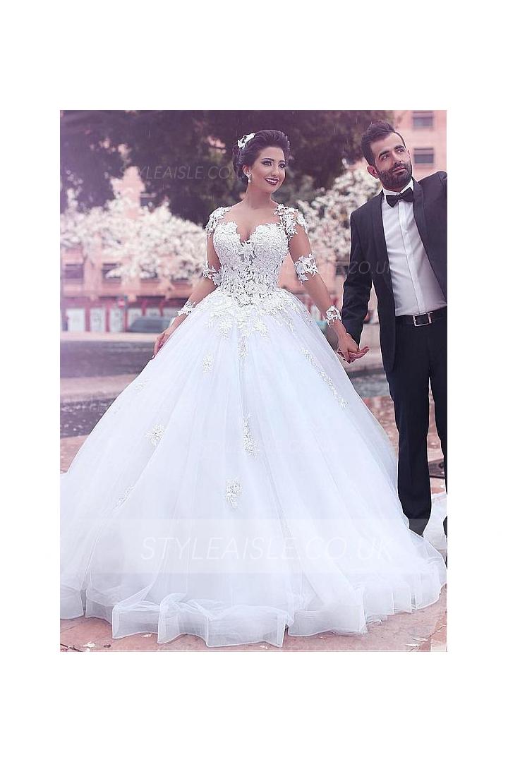 Lace Sleeves Long Ball Gown Tulle Wedding Dress 