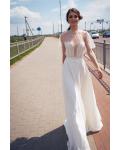  A-line High Neck Short Sleeves Pearl Detailing Sweep/Brush Train Long Chiffon Wedding Dresses with Sash