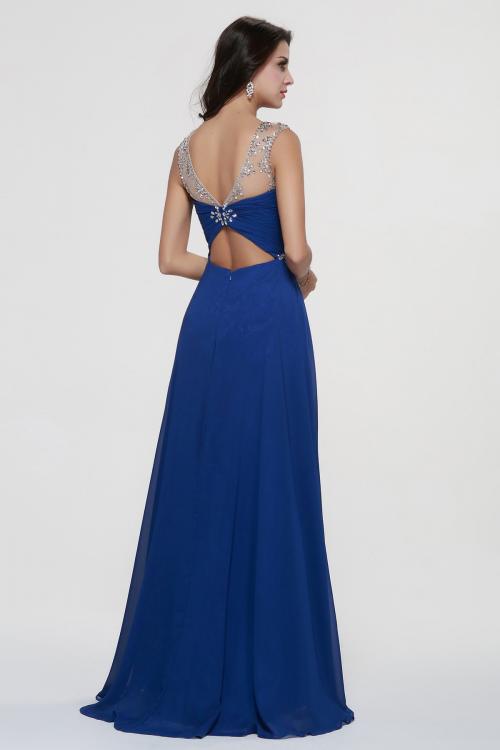 Illusion Neck A-line Long Royal Blue Chiffon Prom Dress 