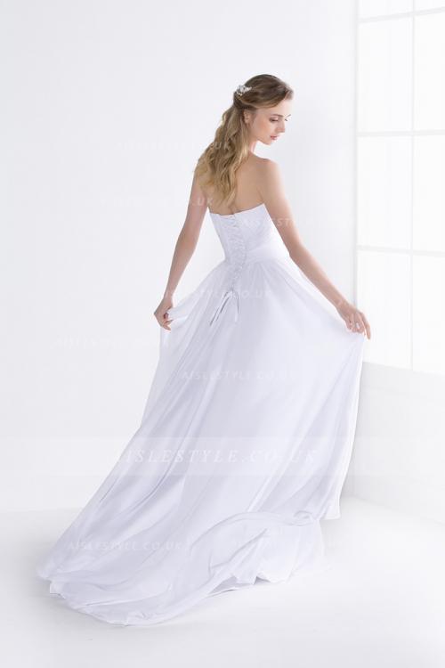 Simple Strapless Sweetheart Pleated Bodice Higjh Split Long Chiffon Wedding Dress 