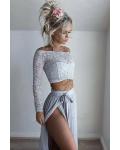 Off-the-shoulder Lace Pleated Skirt Floor-length Long Two-piece Chiffon Prom Dress with 2 Styles (Long Sleeves/Short Sleeves)