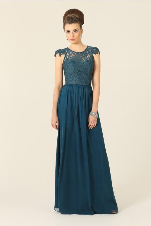 Illusion Bateau Neck Column Lace Bodice Long Chiffon Bridesmaid Dress 