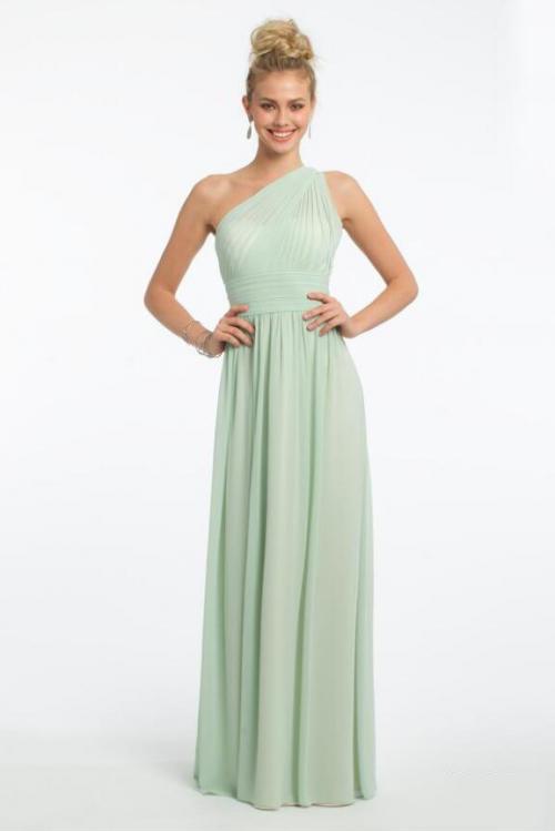 Sleeveless Pleated One Shoulder A-line Long Chiffon Bridesmaid Dress