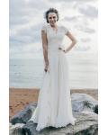 Short Sleeve V Neck A-line Long Chiffon Wedding Dress with Flower 