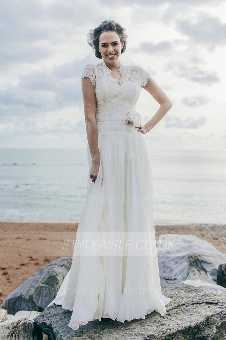 Short Sleeve V Neck A-line Long Chiffon Wedding Dress with Flower 