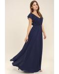 Flutter Sleeves A-line Navy Blue Long Chiffon Bridesmaid Dress