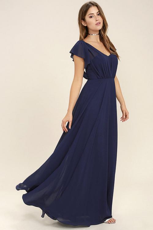 Flutter Sleeves A-line Navy Blue Long Chiffon Bridesmaid Dress