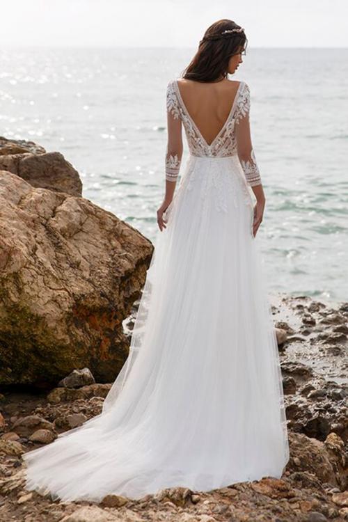  A-line V-neck Illusion 3/4 Length Sleeves Lace Appliques Sweep/Brush Train Long Tulle Wedding Dresses