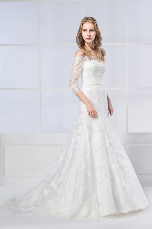  A-line Off-the-shoulder Half Sleeve Lace Sweep/Brush Train Wedding Dresses