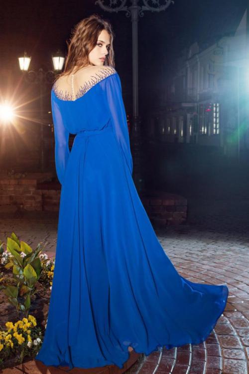  A-line Bateau Neckline Long Sleeves Beading Floor-length Long Chiffon Cocktail Dresses with Buttons Back