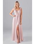  A-line V-neck Cap Sleeves Lace Top Split Floor-length Long Chiffon Bridesmaid Dresses with Pockets 