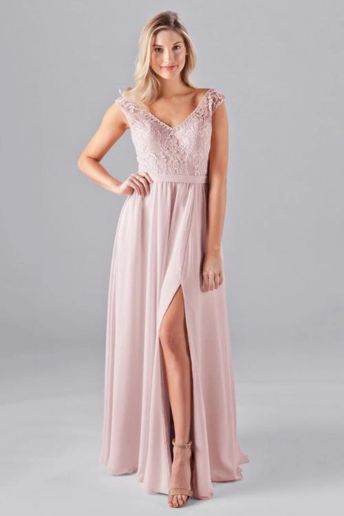  A-line V-neck Cap Sleeves Lace Top Split Floor-length Long Chiffon Bridesmaid Dresses with Pockets 