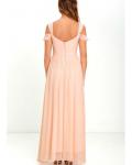 Beach Off Shoulder Pleated Long A-line Blush Chiffon Bridesmaid Dress