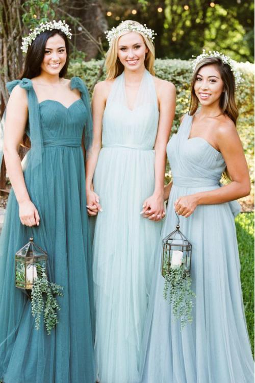 Sleeveless One Shoulder Pleated A-line Light Sky Blue Tulle Bridesmaid Dress