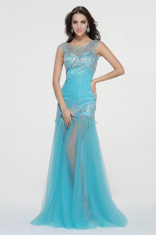 Sleeveless Illusion Neck Beading Long Trumpet Full Back Prom Dress 