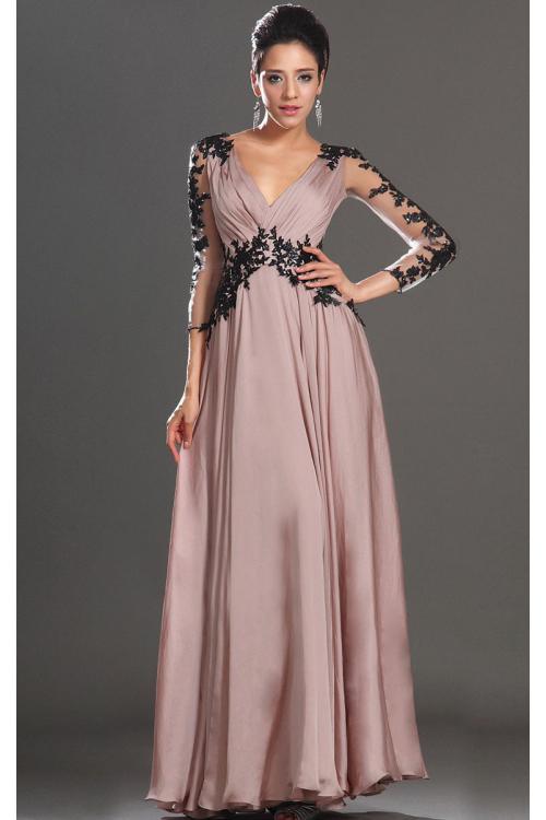 Balck Lace Appliqued V Neck Empire Pleated Long Column Chiffon Prom Dress with 3/4 Sleeves 