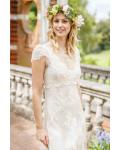 Boho Scoop Neck V Nack Empire Lace al over Wedding Dress with Cap Sleeves 