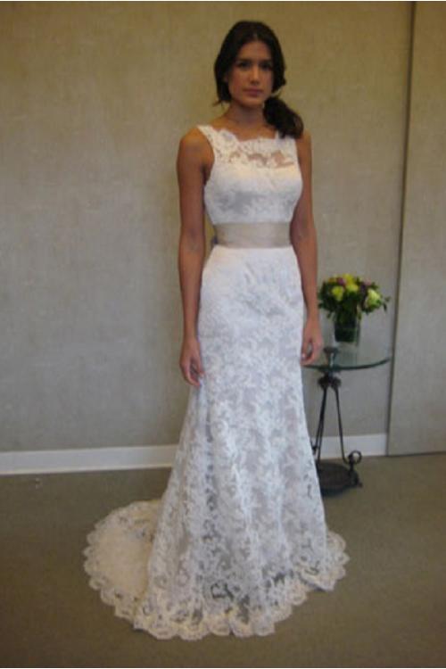 V Back Illusion Neck Sleeveless Sheath Lace Patterns Wedding Dress with Sash 