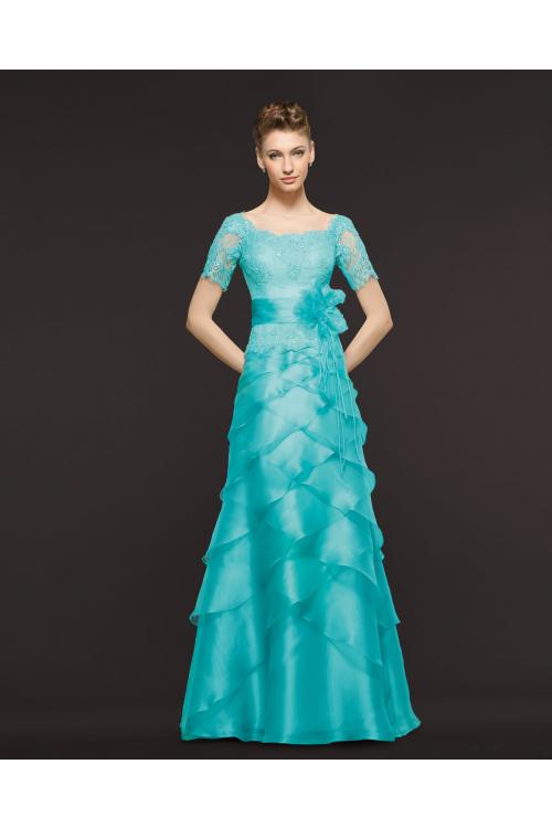 Charming Sheath/Column Bateau Neck Short Sleeved Cascading Ruffles Hand Made Flowers Floor-length Organza Prom Dress