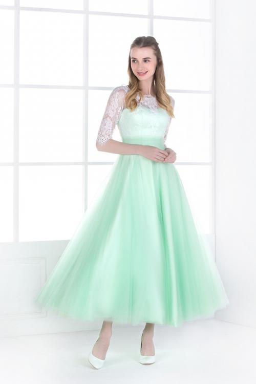 Half Sleeved Lace Bodice A-line Mint Green Tulle Bridesmaid Dress 