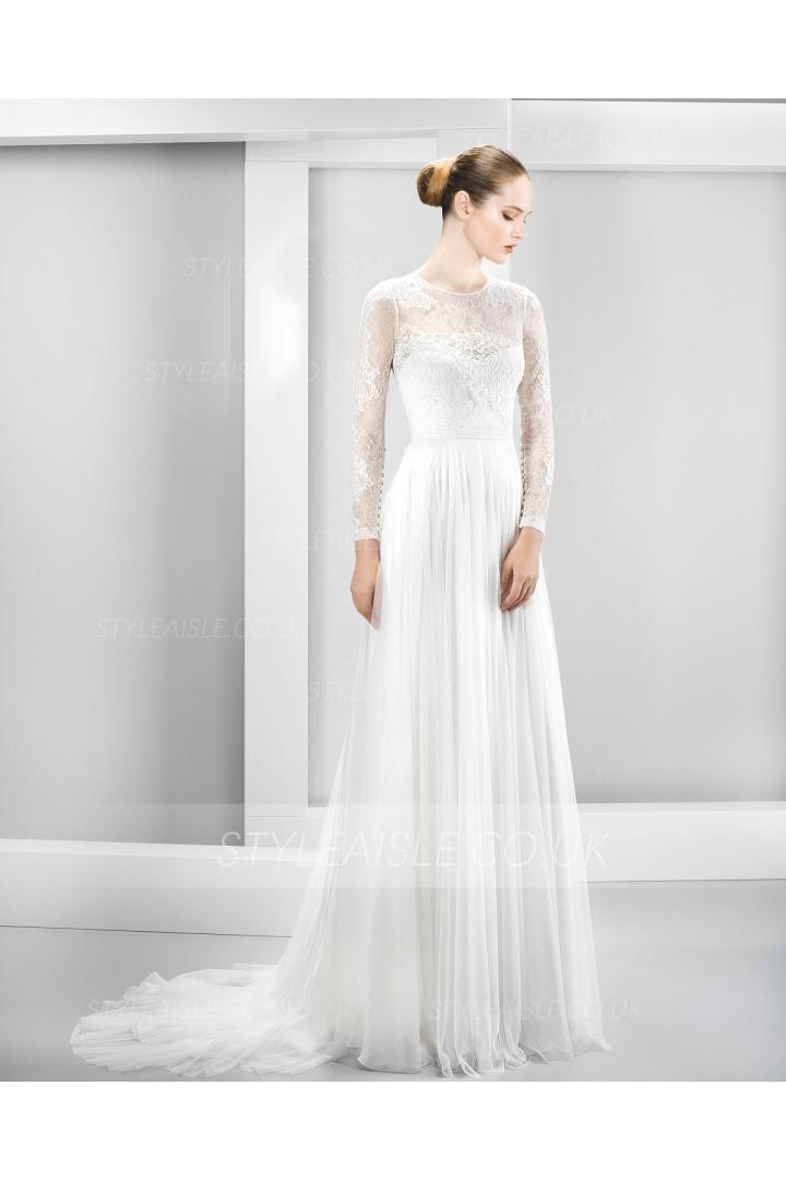 A-line Jewel Neck Lace Bodice Chiffon Wedding Dress 