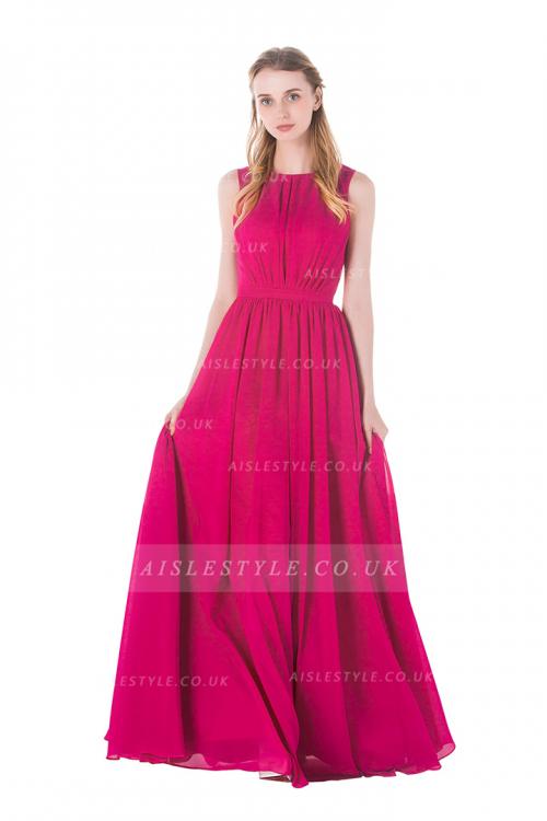 Sleeveless A-line Pleated Long Fuchsia Chiffon Bridesmaid Dress