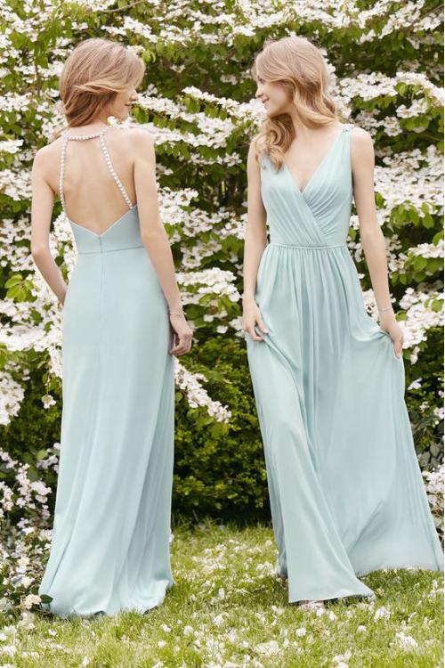 Beaded Back V Neck Pleated Long A-line Chiffon Bridesmaid Dress