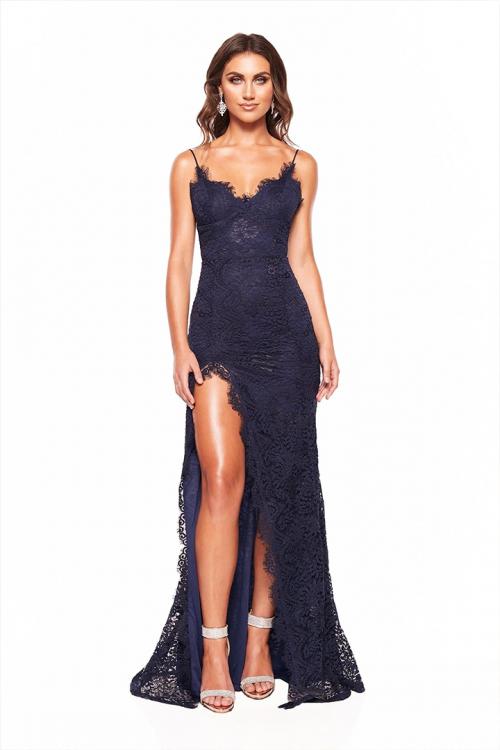  Sheath/Column Spaghetti Straps Sleeveless Lace Split Floor-length Long Prom Dresses