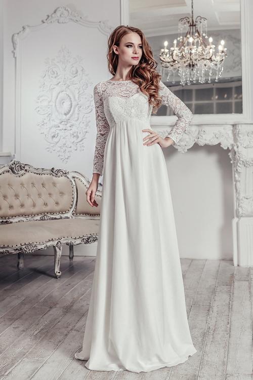 Reception Jewel Neckline Long Sleeve Lace Floor-length Long Chiffon Wedding Dresses with Keyhole Back