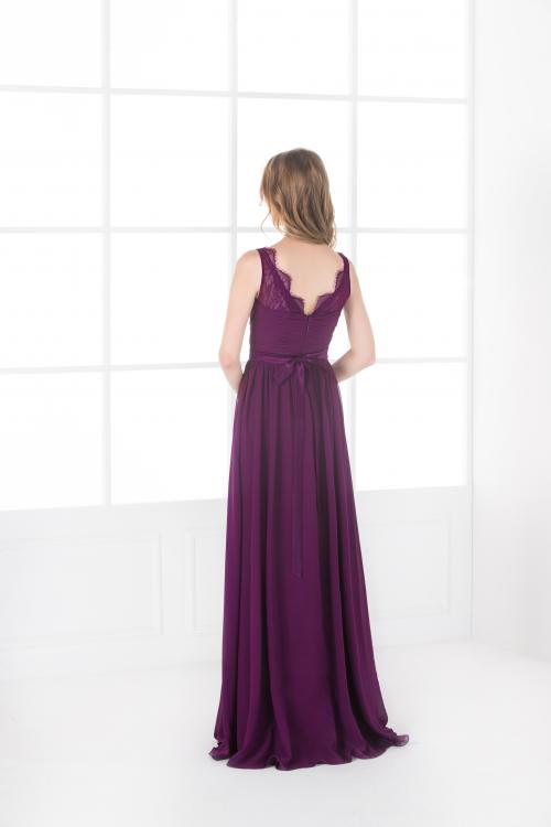 Vintage Lace Straps Pleated Long Eggplant Chiffon Bridesmaid Dress 