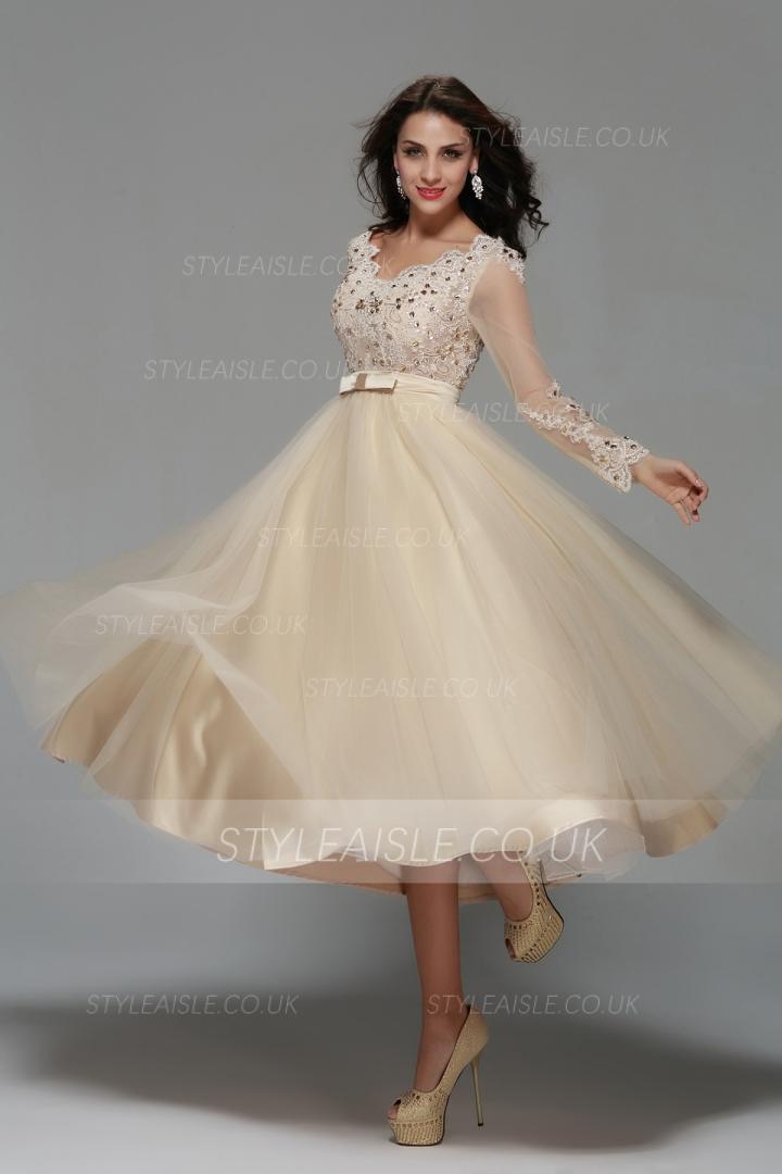 Long Sleeve Lace Tea Length A-line Champagne Tulle Short Prom Dress with Ribbon 