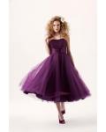 Tea-length Strapless Tulle Short Grape Bridesmaid Dress with Ribbon 