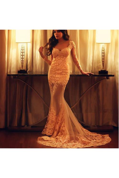 Sexy V Neck Lace Appliques Long Mermaid Lace overlay Champagne Tulle Prom Dress 