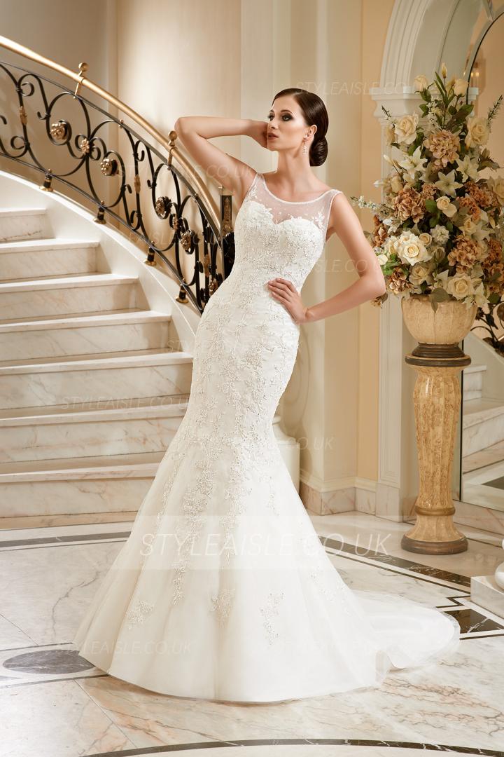 Sexy Trumpet/Mermaid Illusion Sleeveless Beading&Sequins Lace Sweep/Brush Train Tulle Wedding Dresses 