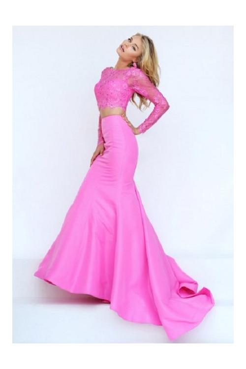 Two Piece Jewel Neck Long Sleeved Mermaid Long Taffeta Prom Dress 