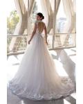 Sexy A-line High Neck Cap Sleeves Appliques Lace Sweep/Brush Train Long Tulle Wedding Dresses with Buttons Back