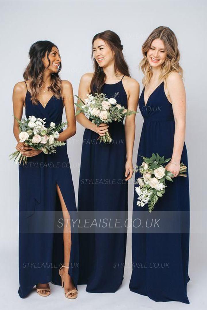  Simple Sheath/Column Spaghetti Straps Sleeveless Ruching Floor-length Long Chiffon Bridesmaid Dresses (with 3 Styles A/B/C)